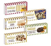 Pack Surtido 5 Turrones Lacasa:Naranja de España Confitada con Chocolate Negro, Blanco con Tequi Mango, Chocolate y Avellanas, Duro,Cacahuete Eagle