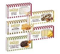 Pack Surtido 5 Turrones Lacasa:Naranja de España Confitada con Chocolate Negro, Blando, Cacao y Almendras, Chocolate y Piña, Milhojas de Nata