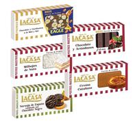 Pack Surtido 5 Turrones Lacasa:Naranja de España Confitada con Chocolate Negro,Chocolate y Arándanos,Crema Catalana,Milhojas de Nata,Cacahuete Eagle