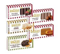 Pack Surtido 5 Turrones Lacasa:Naranja de España Confitada con Chocolate Negro, Chocolate y Arándanos, Cacao y Trufa, Crema Catalana, Duro