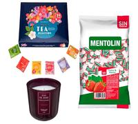 Pack surtido: MENTOLIN FRESA MENTA S/A BOLSA 1KG + Vela perfumada rosa de silicona 170 g + Set de Te con 24 bolsitas con diferentes sabores y aromas