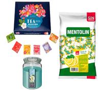 Pack surtido: MENTOLIN LIMON MELISA S/A BOLSA 1KG + Vela perfumada con flor tiare + Set de Te con 24 bolsitas con diferentes sabores y aromas