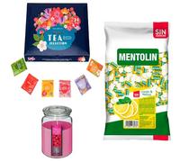 Pack surtido: MENTOLIN LIMON MELISA S/A BOLSA 1KG + Vela perfumada de frambuesa + Set de Te con 24 bolsitas con diferentes sabores y aromas