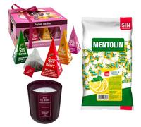 Pack surtido: MENTOLIN LIMON MELISA S/A BOLSA 1KG + Vela perfumada en vidrio rosa de silicona 170 g + Caja de Té Joyfull con variedad de sabores