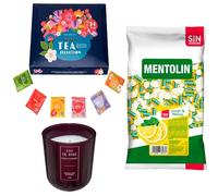 Pack surtido: MENTOLIN LIMON MELISA S/A BOLSA 1KG + Vela perfumada rosa de silicona 170 g + Set de Te con 24 bolsitas con diferentes sabores y aromas