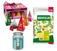 Pack surtido: MENTOLIN LIMON MELISA S/A BOLSA 1KG + WELL HOME - Vela con flor tiare + WELL HOME - Caja de Té Joyfull con variedad de sabores