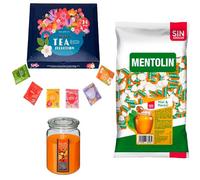 Pack surtido: MENTOLIN MIEL MENTOL S/A BOLSA 1KG + Vela de Frutas Exóticas 510g + Set de Te con 24 bolsitas con diferentes sabores y aromas