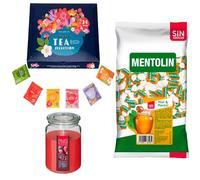 Pack surtido: MENTOLIN MIEL MENTOL S/A BOLSA 1KG + Vela perfumada de frutos rojos + Set de Te con 24 bolsitas con diferentes sabores y aromas