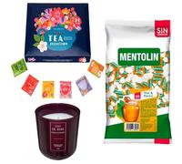 Pack surtido: MENTOLIN MIEL MENTOL S/A BOLSA 1KG + Vela perfumada rosa de silicona 170 g + Set de Te con 24 bolsitas con diferentes sabores y aromas