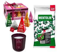 Pack surtido: MENTOLIN REGALIZ S/A BOLSA 1KG + Vela perfumada en vidrio rosa de silicona 170 g + Caja de Té Joyfull con variedad de sabores