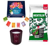 Pack surtido: MENTOLIN REGALIZ S/A BOLSA 1KG + Vela perfumada rosa de silicona 170 g + Set de Te con 24 bolsitas con diferentes sabores y aromas