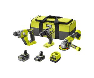 Pack Taladro percutor 50Nm + Martillo combinado 1.3J + Amoladora 115mm 18V ONE+™ (1x 4.0Ah y 1x 2.0Ah)
