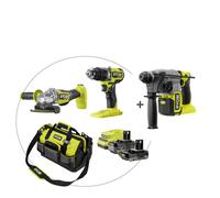 Pack Taladro percutor + Martillo combinado 2.5J + Amoladora 125mm Sin escobillas 18V ONE+™ (1x 4.0Ah y 1x 2.0Ah)