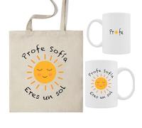 Pack taza profe + bolsa de tela, kit regalo fin de curso para la profe, bolsa de tela con taza personalizada, regalo fin de curso profesores, infantil, (Pack profe Eres un sol personalizado)