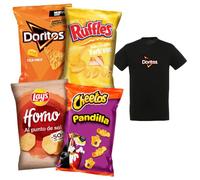 Pack Variado de 8 Bolsas LAY’S Horno, DORITOS Tex Mex, CHEETOS Pandilla, RUFFLES York Queso, 4 Packs de 2 Bolsas Individuales para Aperitivo y Consumo Diario + Camiseta de Regalo