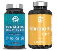 Pack Vitamina D3 & Probióticos y Prebióticos - Sistema Inmune - 365 Cápsulas de vitamina D3 K2 - Probioticos y Prebioticos Intestinales. 100 mil millones de UFC 90 Capsulas 30 Cepas