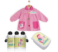 PACK VUELTA AL COLE Babi/mandilón/bata, botella y fiambrera personalizada. Ideal para ir al colegio o guardería. Regalos personalizados. Diferentes modelos a elegir (Unicornio)