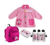 PACK VUELTA AL COLE Babi/mandilón/bata, mochila infantil, botella y fiambrera personalizada. Ideal para ir al colegio o guardería. Regalos personalizados. Diferentes modelos a elegir (Minnie rosa)