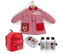 PACK VUELTA AL COLE Babi/mandilón/bata, mochila infantil, botella y fiambrera personalizada. Ideal para ir al colegio o guardería. Regalos personalizados. Diferentes modelos a elegir (Pirata)