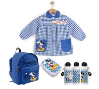 PACK VUELTA AL COLE Babi/mandilón/bata, mochila infantil, botella y fiambrera personalizada. Ideal para ir al colegio o guardería. Regalos personalizados. Diferentes modelos a elegir (Mickey azul)