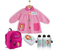 PACK VUELTA AL COLE Babi/mandilón/bata, mochila infantil, botella y fiambrera personalizada. Ideal para ir al colegio o guardería. Regalos personalizados. Diferentes modelos a elegir (Sirenita)