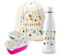 Pack vuelta al cole diseño dinosaurio botella personalizada + mochila saco personalizada + fiambrera personalizada con foto y/o texto para el colegio o guardería. Caja merienda libre BPA