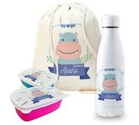 Pack vuelta al cole diseño hipopotamo botella personalizada + mochila saco personalizada + fiambrera personalizada con foto y/o texto para el colegio o guardería. Caja merienda libre BPA