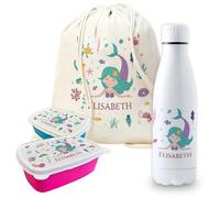 Pack vuelta al cole diseño sinerita botella personalizada + mochila saco personalizada + fiambrera personalizada con foto y/o texto para el colegio o guardería. Caja merienda libre BPA