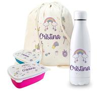 Pack vuelta al cole diseño unicornios botella personalizada + mochila saco personalizada + fiambrera personalizada con foto y/o texto para el colegio o guardería. Caja merienda libre BPA