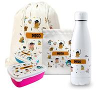 Pack vuelta al cole piratas botella personalizada + mochila saco personalizada + fiambrera personalizada + bolsa merienda personalizada con texto para el colegio o guardería. Libre de BPA