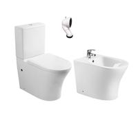 Pack Wc Inodoro Completo Ceramico Blanco Fondo Reducido Rimless y Tapa Extrafina Caida Amortiguada + Bidet a Suelo de Bano Moderno - Sin tapa y Facil Limpieza Olimp (Pack Wc + Bidet)