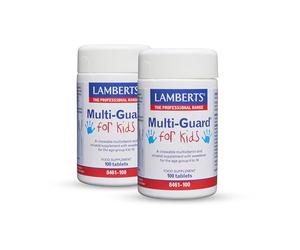 Pack x2 | Lamberts Multi-Guard for Kids, Multivitamínico y Mineral con Vitaminas A, B, C, D, E, Calcio, Magnesio, Zinc, Sabor Grosella Negra y Frambuesa | 100 Tabletas Masticables | LAMBERTS