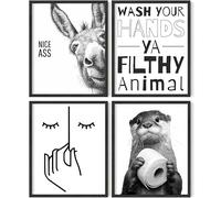 PACKLIST® Set de 4 Láminas Baño Divertidas - 20,3x25,4 cm Sin Marco - Cuadros Decoración Aseo Invitados - Papel 250g - Animales Burro Nice Ass Nutria Wash Your Hands Line Art Moderno Minimalista
