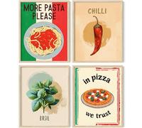 PACKLIST® Set de 4 Láminas Cocina Italiana Decoración Comedor - 20,3x25,4 cm Sin Marco - Pósteres Cuadros Comida Vintage Retro Restaurante Pizzería Trattoria - Papel 250g Pizza Pasta Chile