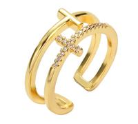 PACKOVE Anillo Ajustable para Mujer Cruz Doble Capa y Gemas de Imitación Dorado, Anillo Cristiano Brillante para Obsequio, Joyas Estéticas para Uso Diario y Ocasiones Obsequios