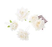 PACKOVE Pinzas Pelo con Flores de Tela Beige para Novia y Dama, Set 4 Piezas (peine de 7 Dientes, 2 Horquillas en Forma de U y Broche), Accesorios Ligeros y Versátiles para Bodas y