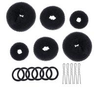 PACKOVE Set de Accesorios Cabello 3 Juegos de Moños Donut Negros de Plástico, Horquillas en Forma de U y Coleteros Elásticos para Peinados Rápidos en Fiestas y Banquetes