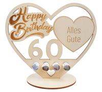 packra Regalo de dinero de cumpleaños en forma de corazón, 60 regalos de dinero, regalo de cumpleaños, placa de madera, libro de visitas, regalo de 60 cumpleaños con pastel de feliz cumpleaños, regalo