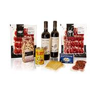 PACKS SNACKS + VINOS (2 botellas de vino, 2 sobres lóncheados paleta ibérica, fuet loncheado, queso manchego loncheado, berberechos, aceitunas rellenas de anchoa y picos rústicos.
