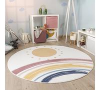 Paco Home Alfombra De Habitacion Bebe Infantil Niña Niño De Juego Retonda Arcoíris Se Puede Lavar En La Lavadora Moderna, tamaño:Ø 100 cm Redon, Color:Blanco