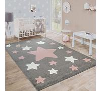 Paco Home Alfombra Habitación Infantil Estrellas Grandes Y Pequeñas En Gris Y Rosa, tamaño:Ø 200 cm Redondo
