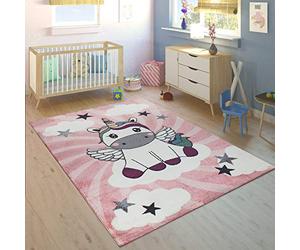 Paco Home Alfombra Habitación Infantil Niña Moderna Unicornio sobre Las Nubes En Rosa Y Lila, tamaño:160x230 cm