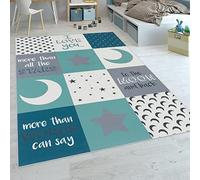 Paco Home Alfombra Habitación Infantil Niño Lavable Corazón Estrellas Luna Frase Azul Gris, tamaño:140x200 cm