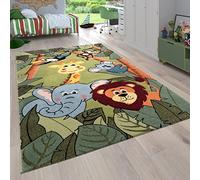Paco Home Alfombra Habitación Infantil para Niños Motivo De Animales Y Selva Pelo Corto, tamaño:Ø 120 cm Redon, Color:Verde