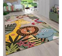 Paco Home Alfombra Habitación Infantil para Niños Motivo De Animales Y Selva Pelo Corto, tamaño:140x200 cm, Color:Beige