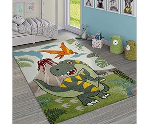 Paco Home Alfombra Infantil Adorable Dinosaurios Selva Volcán Efecto 3-D Pelo Corto Verde, tamaño:120x170 cm