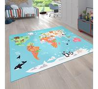 Paco Home Alfombra Infantil, Alfombra de Juego para Habitaciones Infantiles, Mapa del Mundo con Animales, En Verde, tamaño:Ø 200 cm Cuadrado