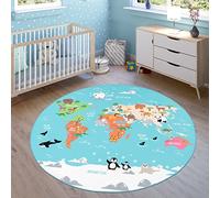 Paco Home Alfombra Infantil, Alfombra de Juego para Habitaciones Infantiles, Mapa del Mundo con Animales, En Verde, tamaño:Ø 200 cm Redondo