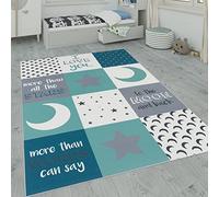 Paco Home Alfombra Infantil, Alfombra Habitación Infantil con Motivos De Estrellas, Luna Y Cuadros, tamaño:140x200 cm, Color:Turquesa