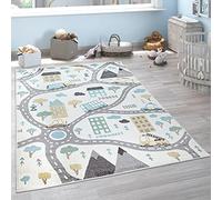 Paco Home Alfombra Infantil Color Pastel Niño Niña Coches Crema Petróleo Gris Amarillo, tamaño:133x190 cm